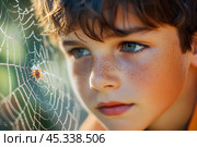 Мальчик рассматривает паука и паутину. Стоковое AI-изображение, AI-художник Щеголева Ольга / Фотобанк Лори