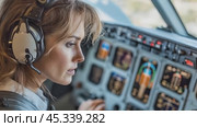 Female pilot wearing headset and controlling airplane cockpit flight deck instruments. Стоковое AI-видео, аниматор Юрий Поздников / Фотобанк Лори