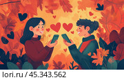 Friends communicating by phones in leaves. Remote love. Стоковое AI-изображение, AI-художник Людмила Лесовая / Фотобанк Лори