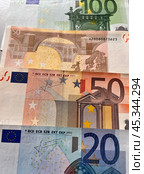 Close-up of Euro paper banknotes. Row of euro bills of different denominations on table. Money financial background. Flat lay, close-up, top view. Стоковое фото, фотограф Виктория Катьянова / Фотобанк Лори