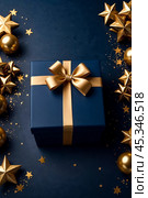 Dark blue Christmas present gift box with elegant gold bow ribbon on dark blue near stars. Greeting gift symbolize sophisticated holiday gifting. Birthday Christmas festive concept. Copy ad text space. Стоковое AI-изображение, AI-художник Aleksandr Golubev / Фотобанк Лори