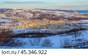 Top view of the northern city, located in a valley among the hills. Winter cityscape. City of Magadan, Magadan Region, Far East of Russia. Siberia. Стоковое фото, фотограф Андрей Степанов / Фотобанк Лори