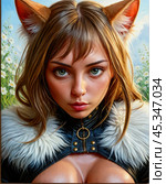 Женщина кошка на фоне цветов. Стоковое AI-изображение, AI-художник Сергей Аркадиец / Фотобанк Лори