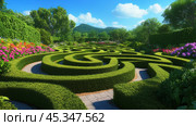 Lush green hedge maze in a vibrant garden under a clear blue sky, AI. Стоковое AI-изображение, AI-художник Сергей Старуш / Фотобанк Лори