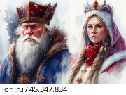 In the style of watercolor painting and is a portrait of a man and a woman in traditional Russian attire, reminiscent of the images of the Tsar and Tsarevna. The man is depicted with a thick white beard and a fur coat with a crown, giving his image majesty and severity. The woman is dressed in an outfit with a white veil and crown, her facial expression is serious and concentrated, and her light braids fall on her shoulders. The background effect of snow adds a winter atmosphere, enhancing the feeling of a fairy tale and traditional Russian culture. Стоковое AI-изображение, AI-художник Анна Кривицкая / Фотобанк Лори