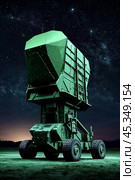 Modern green color air defence radar of military mobile missile launcher system at night starry sky background. Air defense installation outdoors. Concept of modern army industry. Copy ad text space. Стоковое AI-изображение, AI-художник Aleksandr Golubev / Фотобанк Лори