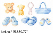 A collection of adorable baby accessories including teddy bears, shoes, and toys in soft pastel colors on a light background. Стоковое AI-изображение, AI-художник Сергей Толмачёв / Фотобанк Лори