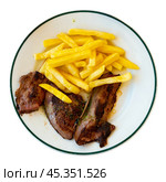 Few pieces of lamb liver are garnished with portion of French fries. Стоковое фото, фотограф Яков Филимонов / Фотобанк Лори