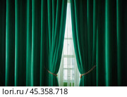 Curtain with soft smooth flowing folds. Deep green color and luxurious texture create a dramatic and elegant atmosphere. Decoration and interior design. Expensive curtain made of rich fabric. AI. Стоковое AI-изображение, AI-художник Юлия Петровская / Фотобанк Лори