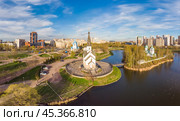 Aerial top View to St. George the Victorious Georgievskaya, Sergius Of Radonezh and Church Nativity of Christ and Srednerogatsky pond. Pulkovsky park. Saint Petersburg. Russia. Europe (2020 год). Стоковое фото, фотограф Алексей Ширманов / Фотобанк Лори