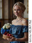 A beautiful blonde girl in a 19th century dress in an old palace. Стоковое AI-изображение, AI-художник Александр Поташев / Фотобанк Лори