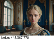 A beautiful blonde girl in a 19th century dress in an old palace. Стоковое AI-изображение, AI-художник Александр Поташев / Фотобанк Лори