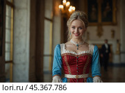 A beautiful blonde girl in a 19th century dress in an old palace. Стоковое AI-изображение, AI-художник Александр Поташев / Фотобанк Лори