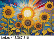 Sunflowers in the sun in the Kandinsky style. Fantasies on the theme of Kandinsky's paintings. Стоковое AI-изображение, AI-художник Александр Поташев / Фотобанк Лори