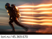 Pilot running with jetpack leaving fire trails at sunset. Стоковое AI-изображение, AI-художник Иван Рябоконь / Фотобанк Лори