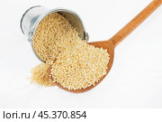 Bucket of millet crumbles in the a wooden spoon. Стоковое фото, фотограф Александр Собко / Фотобанк Лори