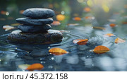 Stacked Stones in Water. Sea stones balance and wellness spa concept, inspiration, Zen like and well being tranquil composition. Close-up of zen stones. Стоковое AI-видео, аниматор Ирина Михайличенко / Фотобанк Лори