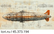 Vintage zeppelin blueprint showing technical details and structure. Стоковое AI-изображение, AI-художник Юрий Поздников / Фотобанк Лори