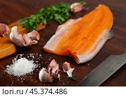 Raw trout fillet with greens and spices. Стоковое фото, фотограф Яков Филимонов / Фотобанк Лори