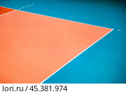 White lines of border orange volleyball court in sport gym, sporty background. Photo of professional volleyball courts, no one. Team game success, healthy sporty lifestyle concept. Copy ad text space. Стоковое фото, фотограф Aleksandr Golubev / Фотобанк Лори