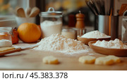 Baking ingredients arranged on a kitchen counter with flour, sugar, and citrus fruits prepared for a delightful baking session. Стоковое AI-изображение, AI-художник Сергей Толмачёв / Фотобанк Лори