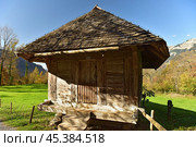 Old Cheese Storage of the 18th century in open air museum Ballenberg in autumn. Canton of Bern, Switzerland. Редакционное фото, фотограф Bala-Kate / Фотобанк Лори