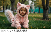 Quadrober. A girl in a cat outfit on a city street. Imitation of animal movement. Trends in teenage lifestyle, the impact of social networks on young people. Стоковое AI-изображение, AI-художник Photojuli / Фотобанк Лори