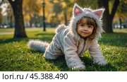 Quadrober. A girl in a cat outfit on a city street. Imitation of animal movement. Trends in teenage lifestyle, the impact of social networks on young people. Стоковое AI-изображение, AI-художник Photojuli / Фотобанк Лори