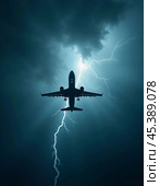 The aircraft encounters a severe thunderstorm, surrounded by dark clouds and illuminated by bright lightning strikes, highlighting the danger in the sky. Causes of air crashes. Generative AI. Стоковое AI-изображение, AI-художник Юлия Петровская / Фотобанк Лори