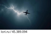 The aircraft encounters a severe thunderstorm, surrounded by dark clouds and illuminated by bright lightning strikes, highlighting the danger in the sky. Causes of air crashes. Generative AI. Стоковое AI-изображение, AI-художник Юлия Петровская / Фотобанк Лори