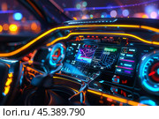 Futuristic car dashboard showing gps navigation and infotainment system. Стоковое AI-изображение, AI-художник Иван Рябоконь / Фотобанк Лори