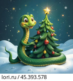 A green snake near the Christmas tree. Стоковое AI-изображение, AI-художник RamA / Фотобанк Лори