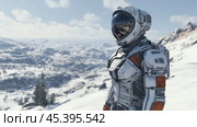 Astronaut exploring a snowy alien landscape under a clear blue sky during daylight hours. Стоковое AI-изображение, AI-художник Юлия Гапеенко / Фотобанк Лори
