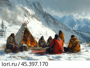 A picturesque scene of a group of people gathered around a campfire next to a traditional tent in the winter mountains. The characters are dressed in warm fur and wool clothing to protect them from the cold, and they appear to be having a good time chatting. Snowy peaks surround the camp, creating an atmosphere of harsh but majestic nature. The warm light of the fire contrasts with the cold tones of the winter landscape, adding a cozy and cohesive feeling. This image is perfect for themes related to nature, survival, tradition, and adventure. Стоковое AI-изображение, AI-художник Анна Кривицкая / Фотобанк Лори