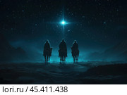 Against the background of the night sky, dotted with countless stars, one stands out, bright and shining the guiding star of the Magi. Стоковое AI-изображение, AI-художник Ярославский Максим / Фотобанк Лори