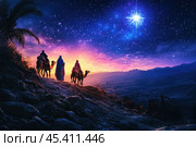 Tired but full of hope, the Magi on camels are approaching Bethlehem, following a bright star. Стоковое AI-изображение, AI-художник Ярославский Максим / Фотобанк Лори