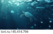 Морская черепаха плывет по загрязненным водам океана, окруженная плавающим мусором, что подчеркивает влияние глобального загрязнения на морскую жизнь. Стоковое AI-изображение, AI-художник ФотоИнтеллект / Фотобанк Лори