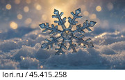 Background with snow and an icy snowflake. Beautiful ice crystals during frosts. Close-up macro photography of snowflake patterns. Snowflakes in close-up. Winter nature. Low depth of field. Стоковое AI-изображение, AI-художник Photojuli / Фотобанк Лори