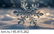 Background with snow and an icy snowflake. Beautiful ice crystals during frosts. Close-up macro photography of snowflake patterns. Snowflakes in close-up. Winter nature. Low depth of field. Стоковое AI-изображение, AI-художник Photojuli / Фотобанк Лори