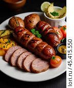 Sausages - November 13th every year - birthday! It was on this day in 1805 that Johann Laner created the first sausage and called it "Viennese". Enjoy your meal! Стоковое AI-изображение, AI-художник Сергей Елизарьев / Фотобанк Лори