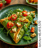 Stuffed pancakes with chicken, tomatoes and cheese. Enjoy your meal! Стоковое AI-изображение, AI-художник Сергей Елизарьев / Фотобанк Лори