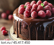 Chocolate cake with raspberries is a tender temptation that you can't refuse. Created by AI. Стоковое AI-изображение, AI-художник Ярославский Максим / Фотобанк Лори