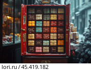 Крупный план праздничной витрины с разнообразными шоколадными конфетами, аккуратно выложенными в ячейки. Конфеты разных цветов и текстур, включая шоколадные плитки и ореховые смеси. Вокруг витрины виден снег, придающий зимнее настроение. На заднем плане видна часть украшенной улицы и витрины магазина. Стоковое AI-изображение, AI-художник Анна Чижова / Фотобанк Лори