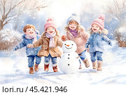 Веселые дети и снеговик. Стоковое AI-изображение, AI-художник Щеголева Ольга / Фотобанк Лори