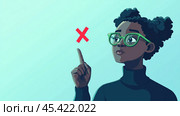 Иллюстрация персонажа, указывающего на красный символ «X», представляющий концепцию деинфлюенса. Стоковое AI-изображение, AI-художник ФотоИнтеллект / Фотобанк Лори