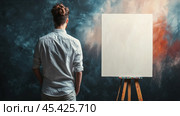 Artist contemplates a blank canvas, ready to unleash creativity in a vibrant studio, AI. Стоковое AI-изображение, AI-художник Сергей Старуш / Фотобанк Лори