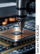 Close-up of silicon die being removed from wafer and attached to substrate using digital device. Manufacturing computer chips in semiconductor factory. Electronic industry concept. Copy ad text space. Стоковое AI-изображение, AI-художник Aleksandr Golubev / Фотобанк Лори