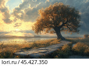A picturesque landscape where a lone spreading tree stands at the edge of a pond or a small lake. A path of stones leads to the tree, surrounded by soft grass and wild flowers. The sunlight glides through the clouds, illuminating the tree's crown and reflecting in the water, creating a calm and peaceful atmosphere. The clouds and light on the horizon add a slight drama and romance to the scene, creating the feeling of a fairytale sunset. Стоковое AI-изображение, AI-художник Анна Кривицкая / Фотобанк Лори