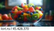 The fruit salad in a clear bowl, as if catching sunlight, shimmers with the colors of the summer harvest. Strawberries, blueberries, and kiwi are the perfect combination of flavors and colors that give the body freshness and vigor. Created by AI. Стоковое AI-изображение, AI-художник Ярославский Максим / Фотобанк Лори