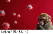 Грустная обезьяна MPOX с клетками вируса оспы обезьян. Угроза пандемии вспышки Mpox, визуализация зоонозных заболеваний, примат и вирусный патоген. Красный фон. Стоковое AI-изображение, AI-художник ФотоИнтеллект / Фотобанк Лори